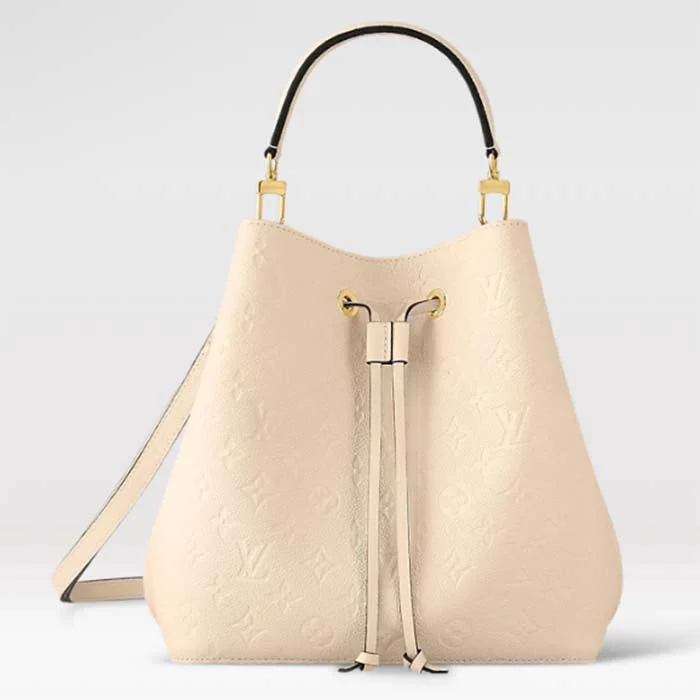 Louis Vuitton backpacks with a padded back panel for comfort during long - wearLouis Vuitton Women NeoNoé MM Bucket Bag Crème Beige Embossed Grained Cowhide Leather