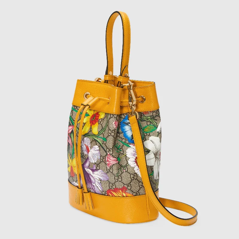 Ladies Gucci shoulder bags with a magnetic - closure flapGucci Ophidia GG Flora Small Bucket Bag Yellow