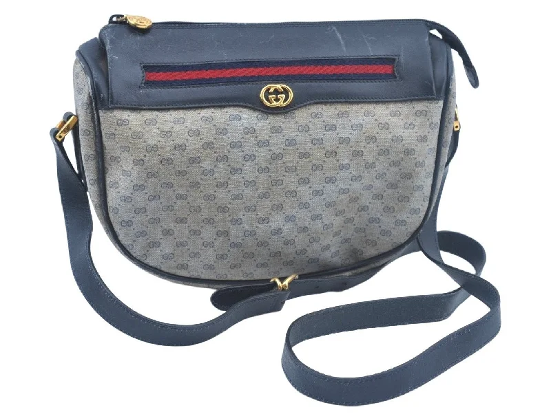 Women Gucci bags with a detachable mobile phone holderAuth GUCCI Micro GG Sherry Line PVC Leather Shoulder Cross Body Bag Navy L0207