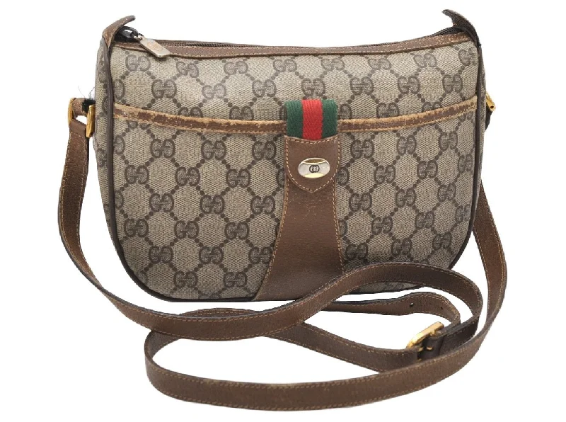 Gucci backpacks for women with a multi - pocket designAuthentic GUCCI Web Sherry Line Shoulder Bag GG PVC Leather Brown Junk 3626K