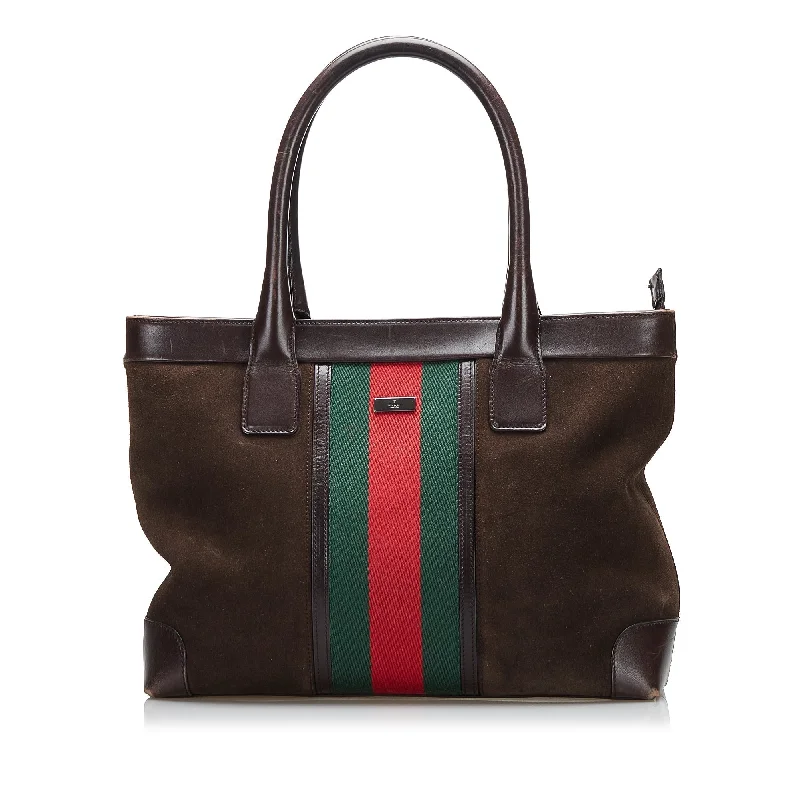 Women Gucci bags with a front - zip pocket for small itemsGucci Web Suede Tote Tote Bag