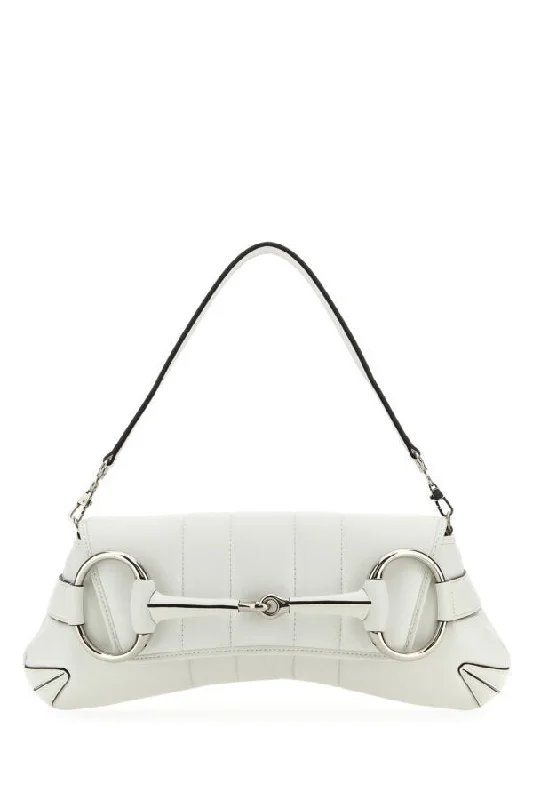 Gucci backpacks for women with a sleek silhouetteGucci Women White Leather Medium Gucci Horsebit Chain Clutch