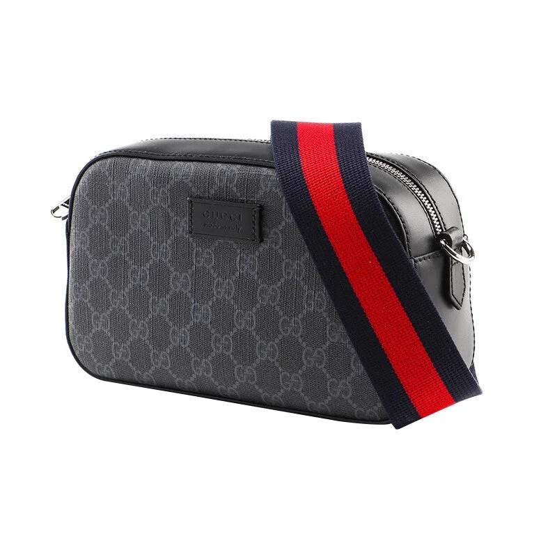 Women Gucci bags with a chain - link trim and a leather bodyMen's GUCCI Logo Stripe Webbing Leather Logo Canvas Shoulder Messenger Bag Small Black Gray Classic 'Black Grey' 574886-K5RLN-1095