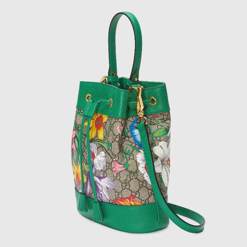 Women Gucci bags with a front - zip pocket for small itemsGucci Ophidia GG Flora Small Bucket Bag Green