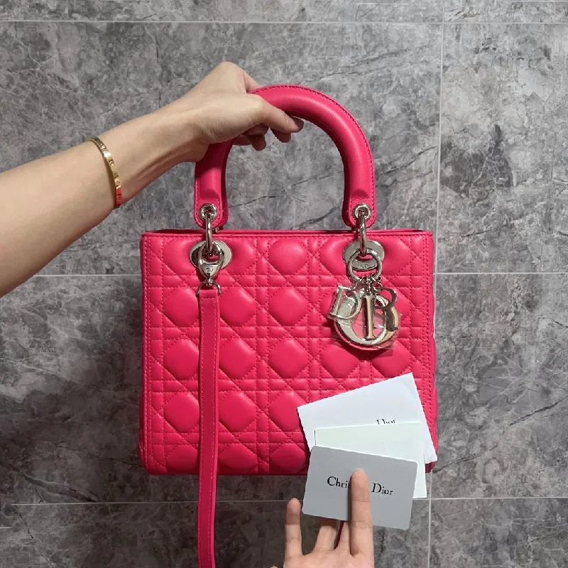 Christian Dior handbags with a detachable mirror for on - the - go touch - upsLady Medium Lambskin Pink Silver Hardware